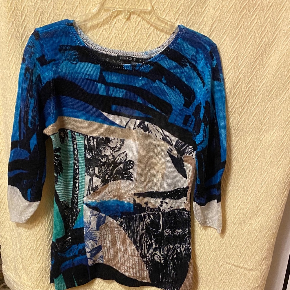 NIC+ZOE Blue and Black Patterned Blouse